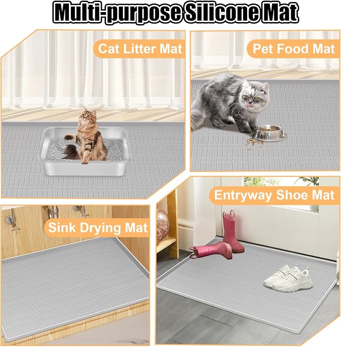Silicone Cat Litter Mat, 47" x 35" Extra Large Litter Trapping Mat for Litter Box, Leak-Proof, Non-Slip, Kitty Litter Mats with Soft Texture for Floor, Keeping The Floor Clean (Light Grey)