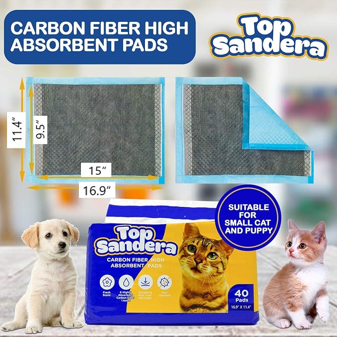 Activated Carbon Cat Litter Pads (40 Pack) - 6-Layer Odor Control Refills Compatible with Breeze Litter Box - High Absorbency 16.9" x 11.4 "