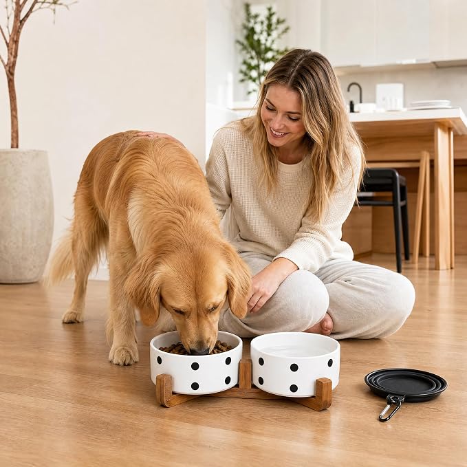 Petygooing Dog Bowls Ceramic, Cat Dog Bowl Set with Wood Stand for Food and Water,Non-Slip Cute Modern Pet Dishes for Cats Medium Size Dogs (28OZ/6.1 in) Black Dot