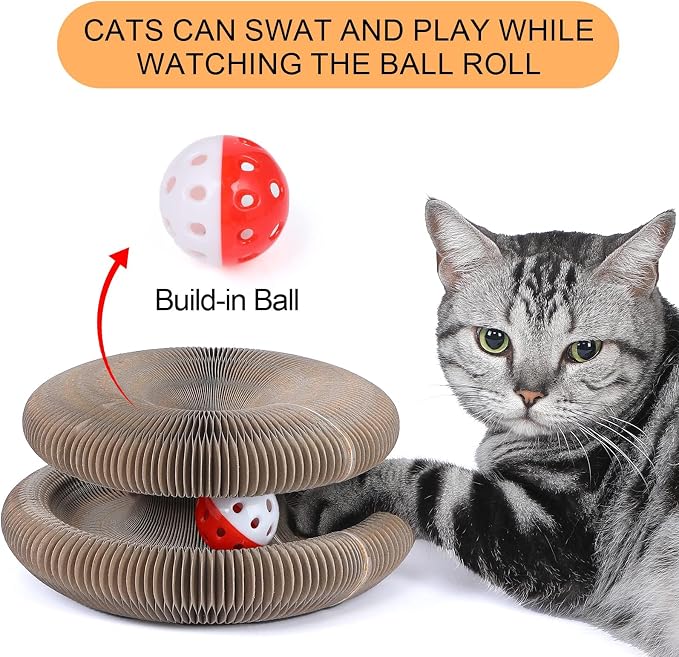 Simple Deluxe Interactive Scratch Toys with a Ball, Foldable Recyclable Magic Organ Cat Scratching Board, Cat Scratcher for Exercise & Anxiety Relief, Brown