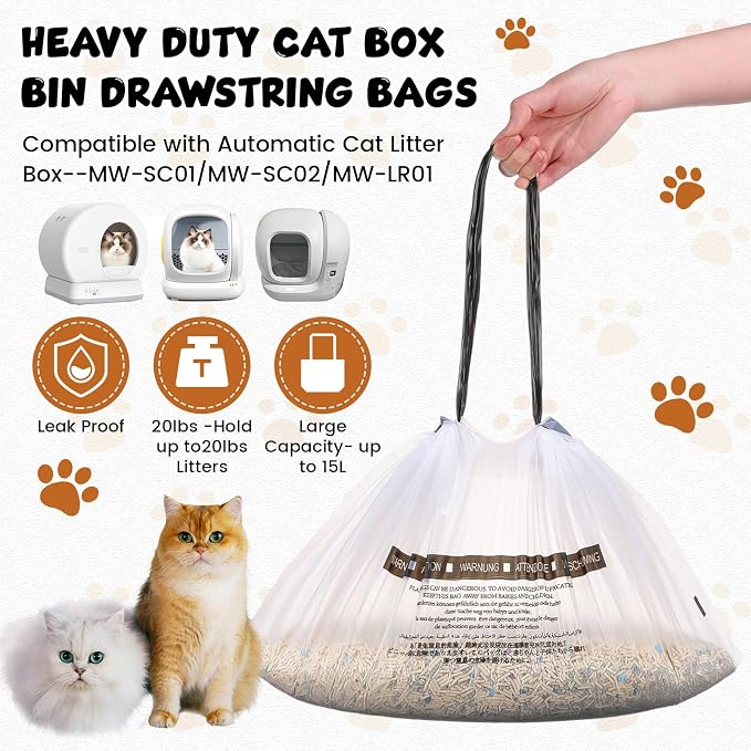200 Count Cat Litter Box Liners Bags for Self Cleaning Automatic Litter Box 22.5 x 12.2" Drawstring Heavy Duty Pet Receptacles Bags Bulk 1.57 Mil Thick Tear Resistant Leak Proof Waste Liners