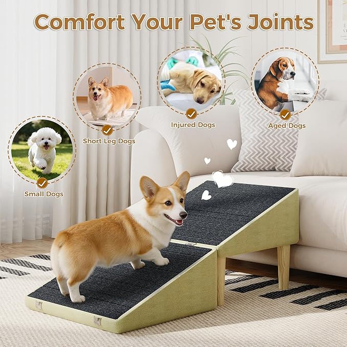 3-in-1 Dog Ramp Pet Stairs 18.9"x17.72"x19.29" with Hidden Storage Ottoman, Anti-Slip Steps for Small, Medium, Large, Senior & Injured Pets, 220LBS for Bed & Sofa, Green