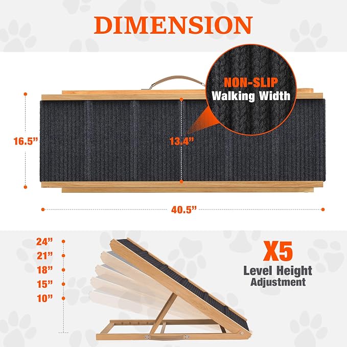 Adjustable Dog Ramp for Bed - 39" Long Foldable Wooden Ramp for Dogs to Get on Bed, Couch, or Car with 13.4" Wide Walking Space (Natural Wood with Gray Carpet)
