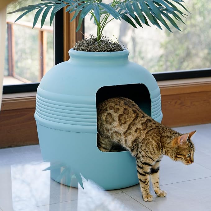 Good Pet Stuff Original Hidden Litter Box Planter, Decorative Cat Litter Enclosure, Carbon Filter, Faux Plant, Round Design, Easy to Clean, Base Kit, Palm Plant, Coastal Blue