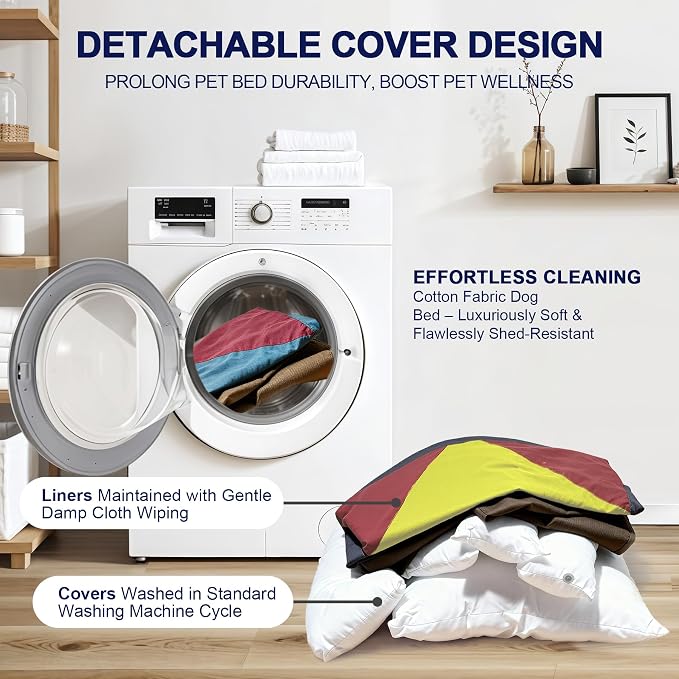 Cotton Canvas Dog Bed, Dog Beds Large Sized Dog, Orthopedic Bed with Washable Removable Cover, Durable 290 GSM Cotton Anti-chewing Pet Bed with Anti-Slip Bottom (38"x30"x12", Red&Yellow&Green)