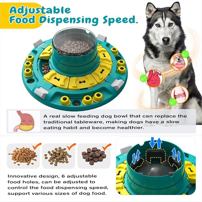 KADTC XL, 4 Levels in 1, Dog Puzzle Toy, Mental Stimulation & Slow Feeder | Push-to-release 16.6 oz feeder with 6 adjustable channels controls pace, challenge, and playtime for smart dogs.
