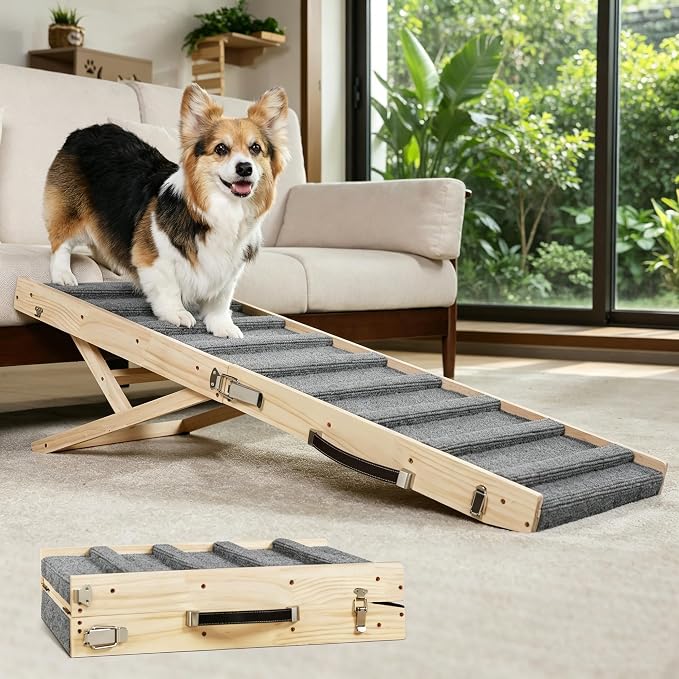 Dog Ramp Dog Stairs for Large Dogs Foldable Dog Ramp with 5 Adjustable Heights from 13.98'' to 27.56" Wood Pet Ramp with Non Slip Carpet Portable Puppy Ramp for Couch, Sofa, Bed, Car