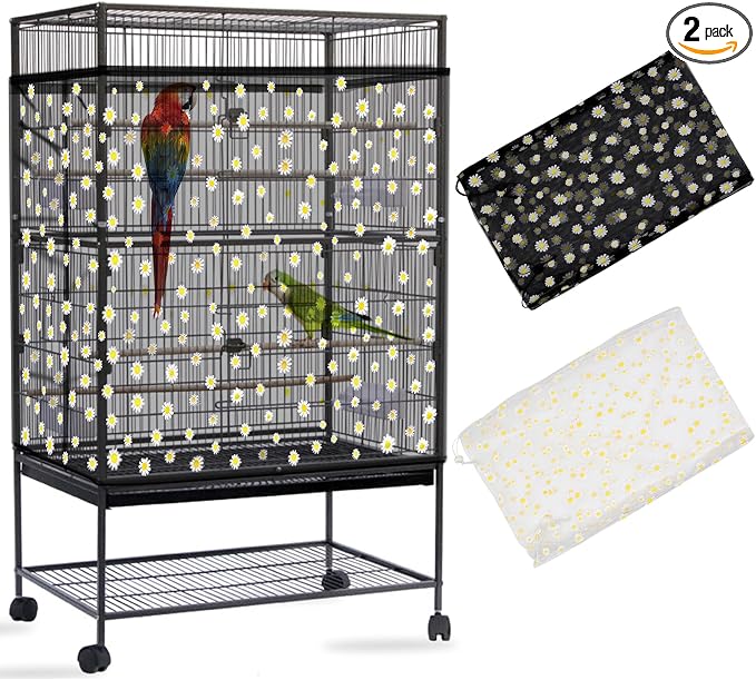 Daoeny 2PCS Bird Cage Seed Catcher, Large Bird Cage Cover, Adjustable Soft Airy Nylon Mesh, Birdcage Cover Skirt Seed Guard for Parrot Parakeet Macaw Round Square Cages (Black & White Daisy)