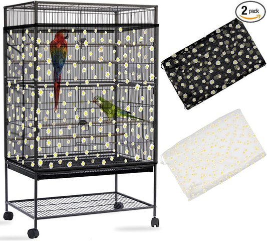 Daoeny 2PCS Bird Cage Seed Catcher, Large Bird Cage Cover, Adjustable Soft Airy Nylon Mesh, Birdcage Cover Skirt Seed Guard for Parrot Parakeet Macaw Round Square Cages (Black & White Daisy)