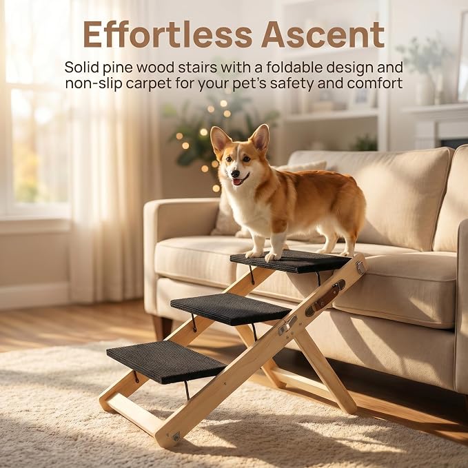 Wooden Dog Ramp for Bed and Couch, 4 Adjustable Heights Folding Pet Ramp with High Traction Fabric Surface, Portable Solid Pine Wood Dog Steps for Couch, Max 25KG (X Trumpet)