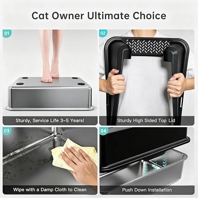 WoofiGo Stainless Steel Cat Litter Box with Lid, XL Extra Large Metal Kitty Litter Box Enclosed for Big Cats, High Sided, Anti-Urine Leakage, Non-Stick Bottom, Include Litter Mat & Metal Scoop (Black)