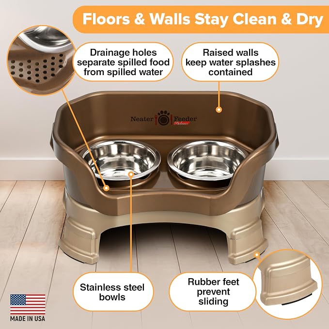 Neater Feeder Deluxe Mess-Proof Elevated Cat Bowls, 2 Height Adjustable (6” & 7.5”) No-Spill Raised Cat Bowl Stand, Whisker Friendly Stainless Steel Dishes for Indoor Cats, Made in USA, Bronze