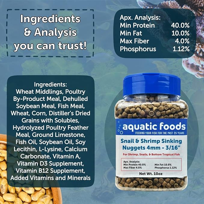 Snail & Shrimp 4mm Sinking 40% Protein Nuggets. Ideal for All Snails, Shrimp and Bottom Tropical Fish…10oz Jar
