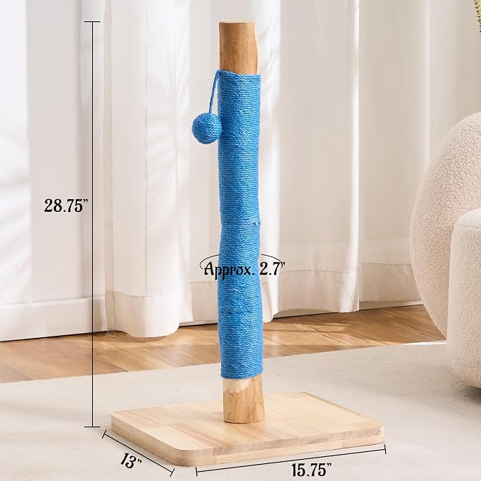 29" Tall Solid Wood Cat Scratching Post for Indoor Cats, Extra Stable Heavy Base, Natural Sisal Scratcher with Hanging Ball, Furniture Protector for Kittens & Adult Cats, Blue