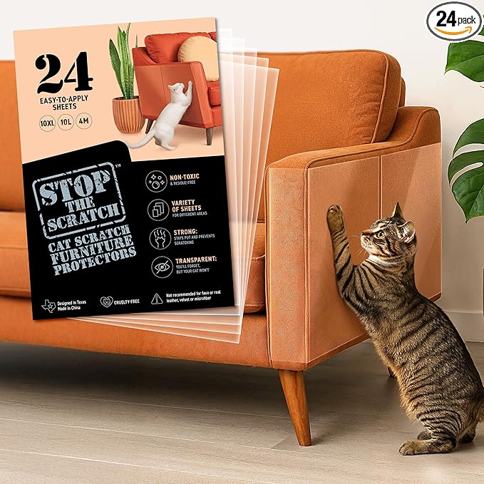 Cat Scratch Deterrent Tape – 24 XL Clear Double-Sided Sticky Sheets to Protect Furniture from Cats – Pet-Safe, Transparent Anti-Scratch Adhesive for Couch, Sofa, Doors & More