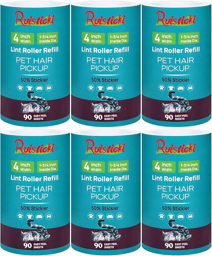 4 inch Lint Roller Refills Only for Scotch-Brite Pet Hair Pickup Extra Sticky Lint Roller 90 Sheets per Refill 6 Pack 540 Easy-Tear Adhesive Sheets Total (Inside Dia. 1 3/4 inch)