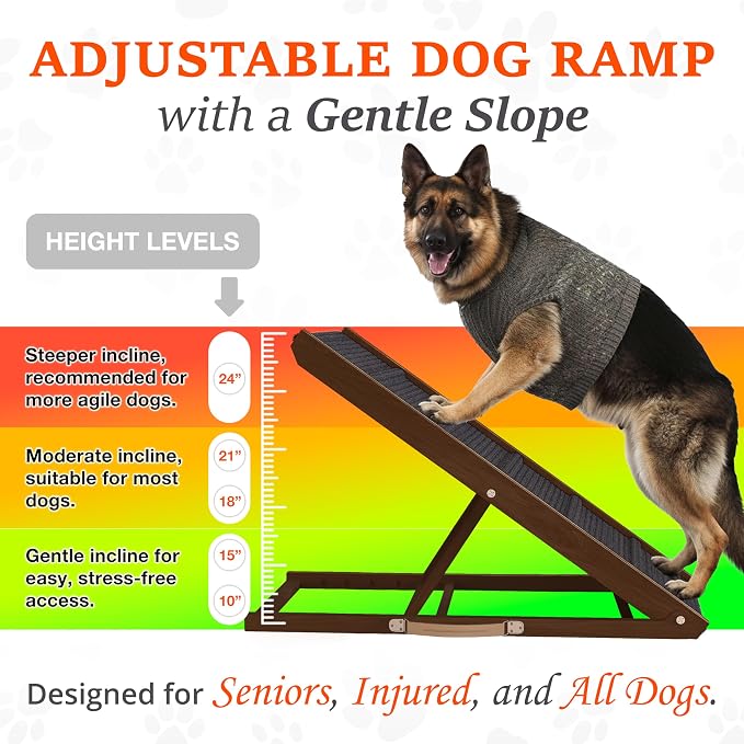 Adjustable Dog Ramp for Bed - 39" Long Foldable Wooden Ramp for Dogs to Get on Bed, Couch, or Car with 13.4" Wide Walking Space (Walnut Wood with Gray Carpet)