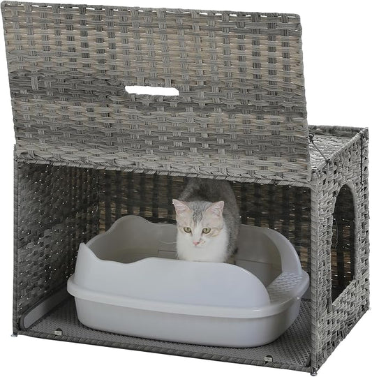 MUTTROS Rattan Cat Litter Box Enclosure Extra Large, Hidden Litter Box Furniture with Handwoven Wicker, Tall Doorway, Raised Edge Mat & Flip-Top Lid for Large Cats, Indoor Odor Control, Gray