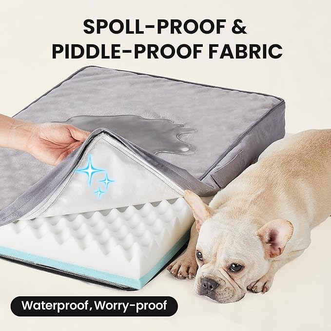OhGeni Orthopedic Waterproof Dog Bed for Medium Dogs, Machine-Washable Removable Cover in Easy-Clean Fabric, Reversible Memory Foam & Easy-Carry Handle, Suitable for Crate, 30 inch (Gray)