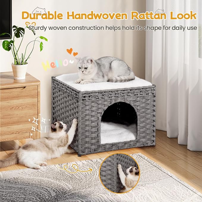 Snughome Handwoven Rattan Cat House - Indoor Foldable Cat Bed Cave with 2 Removable Bed Mats, Large Kitten House, Hideaway Pet Cube, 16.54 x 16.54 x 12.6 Inches, Grey, for Living Room & Bedroom