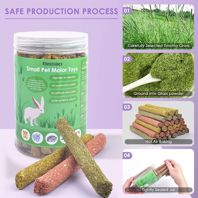 Bissap Rabbit Chew Sticks, Bunny Molar Mixed Timothy Hay Treats Bamboo Sticks for Small Animals Hamsters Chinchillas Guinea Pigs Squirrels Natural Teeth Grinding Chewing Toys