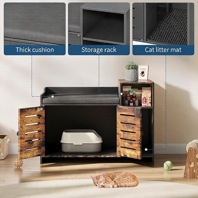Hidden Cat Litter Box Enclosure Cabinet with Mark Pad – Farmhouse Indoor Cat House Furniture, Storage Shelf, Odor Control – Discreet Kitty Litter Box for Hallway or Bedroom, Black and Brown