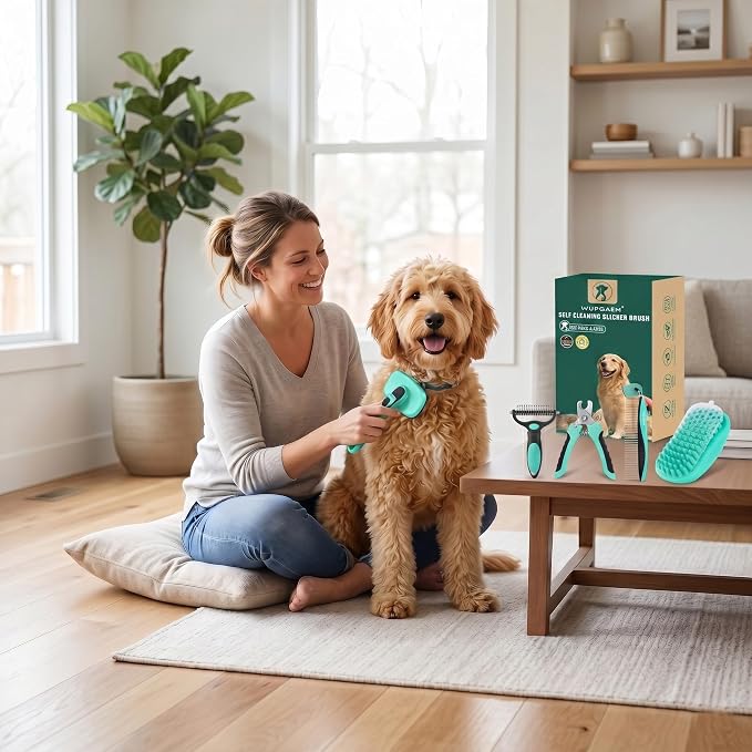 Self Cleaning Slicker Brush for Dog - 5 PCS Dog Brush Grooming Kit,Undercoat Rake Brush Comb for Small Large Dogs Cats, Dog Hair Brush Set, Grooming Deshedding at Home or Travel, Green