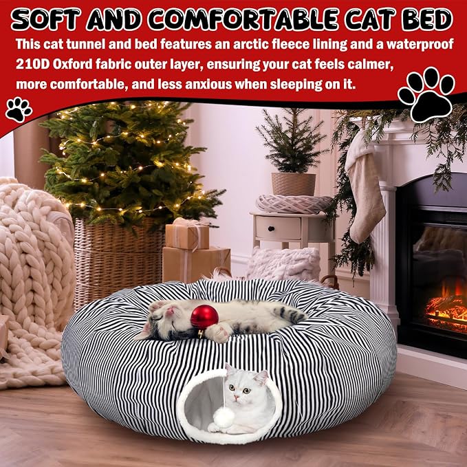 Soulchen Black and White Cat Tunnel Bed Under Christmas Tree 3ft x 3ft x 9.8in Detachable Donut Tunnel Sandworm 3-in-1 Indoor Cats Cave for Kitty Rabbit Ferret Puppy(Striped Black)
