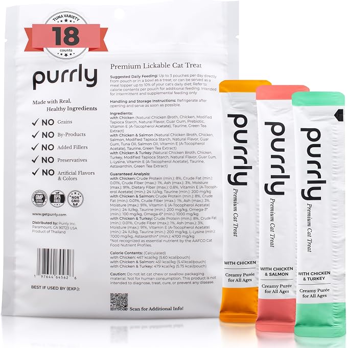 Purrly Lickable Wet Cat Treats Healthy Grain-Free Chicken Variety Pack (18 Count) Squeezable Creamy Purée with Human-Grade Protein Functional Nutrients Non-GMO No-Artificial-Additives Low-Phosphorus