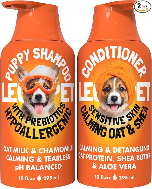 Puppy Shampoo and Conditioner Set Hypoallergenic, Tearless, pH Balanced Dog Shampoo for Puppies Oat Milk, Chamomile & Prebiotics Puppy Shampoo for Sensitive Skin Sulfate Free, Paraben Free 2×10 fl oz