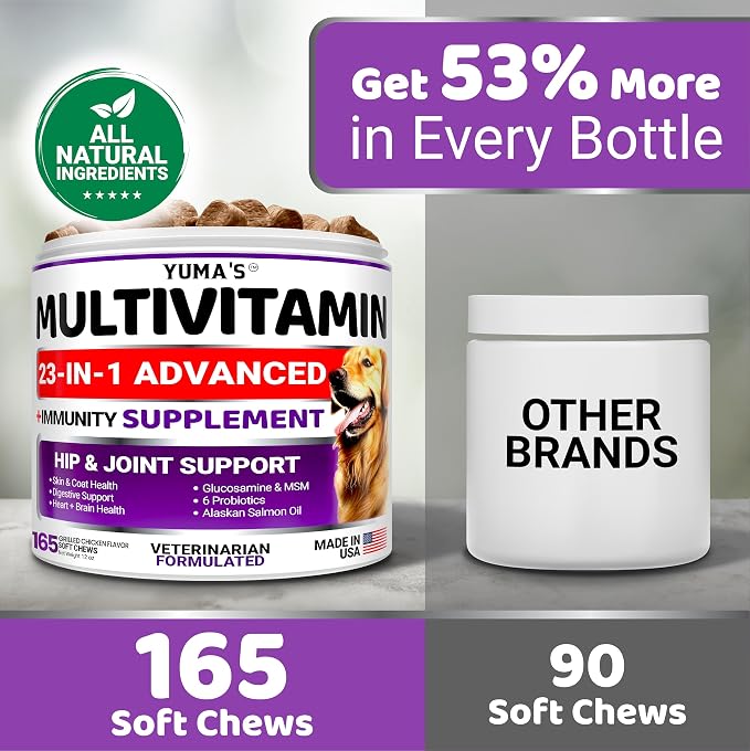 Dog Multivitamin Chewable with Glucosamine - Dog Vitamins and Supplements - 165 Treats - Senior & Puppy Multivitamin for Dogs - Hip & Joint Support - Immune Health, Skin, Heart, Digestion, Probiotics