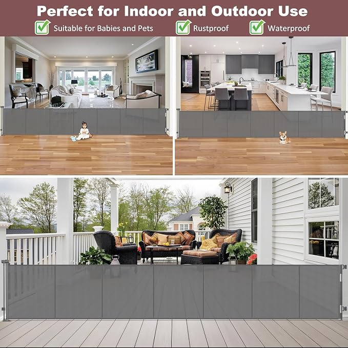 Reinforced 41 Inch Extra Tall Retractable Dog Gate 200" Extra Wide Retractable Baby Gate with Support Rods, Indoor Baby Fence for Living Room Outdoor Mesh Dog Gate Retractable Gates for Dogs, Gray