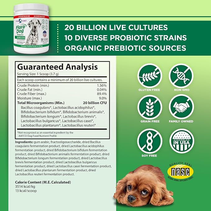 Vital Planet - Flora Dog Probiotic Powder Supplement with 20 Billion Cultures and 10 Strains, High Potency Immune and Digestive Support Probiotics for Dogs, 7.84 oz., 222 Grams, 60 Servings