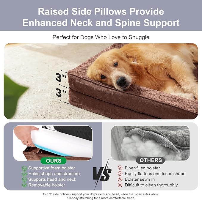 Rainmr Orthopedic Dog Beds for Large Dogs, Memory Foam Dog Beds Large Sized Dogs, Washable Removable Cover, Nonskid Bottom, Waterproof, for Indoor, Outdoor, Crate ＆ Car Use, 44x32x6 Inches, Brown Grey