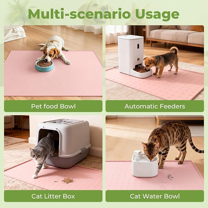Extra Large 34x22 Inch Machine Washable Silicone Pet Food Mat - Waterproof Dog & Cat Bowl Mat with Raised Edge, Non-Slip Floor Protector for Large Dogs, Multi-Pet Homes (Pink)
