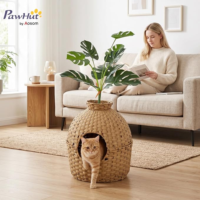 PawHut Hidden Cat Litter Box Plant Furniture Enclosure with Faux Plant & Stainless Steel Tray, Decorative Rattan Planter Cat Bed, Real Stones, for Bedroom, Living Room, Corner
