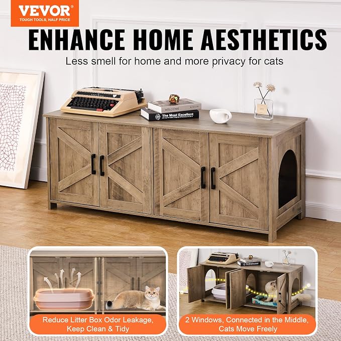 VEVOR Cat Litter Box Enclosure for 2 Cats, Litter Box Furniture Hidden with Double Rooms, Wooden Cat Box Cabinet Fit Most of Litter Box