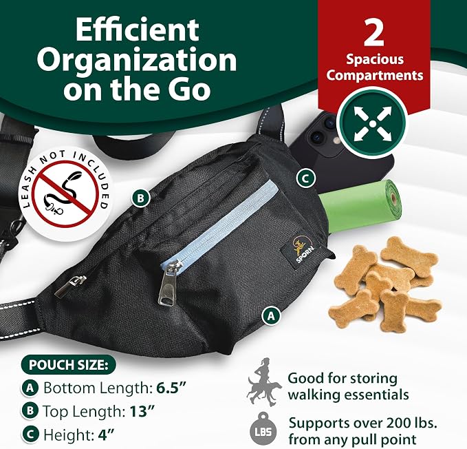 Sporn Sling-to-Belt Dog Training Treat Pouch, Breathable Double-Stiched Dog Treat Bags Training Pouch, Crossbody Dog Fanny Pack for Walking, Hiking, & Running, Supports 200+ Lbs, Black