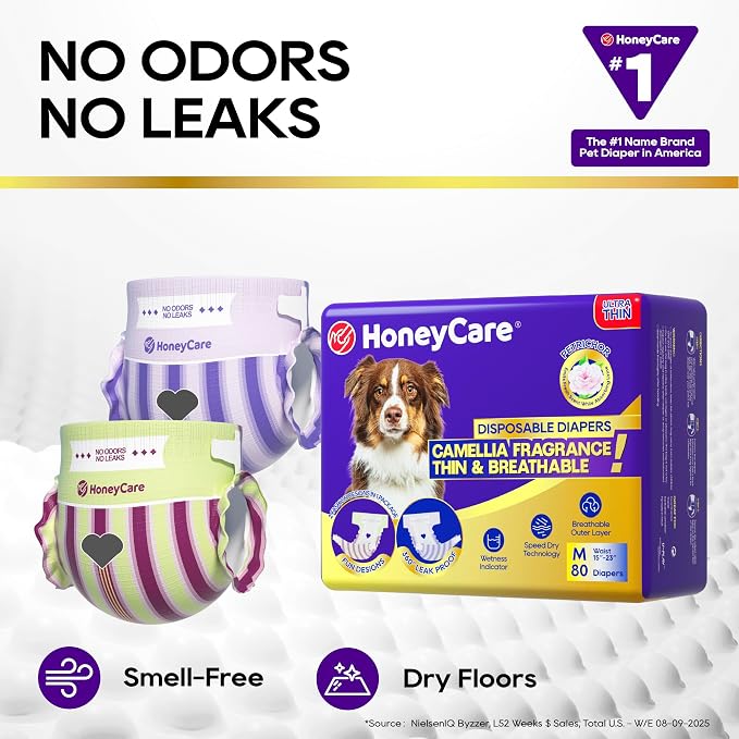 HONEY CARE Petrichor Female Dog Diaper, Camellia Fragrance, Emits Fresh Scent While Absorbing Urine, Thin & Breathable, 2 Fashion Designs in 1 Package, M, 80 Count