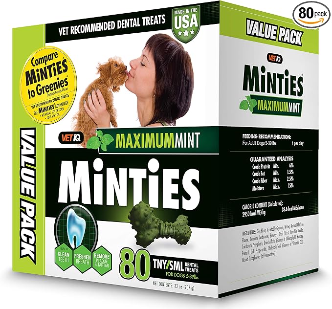 VetIQ Minties Dog Dental Bone Treats, Dental Chews for Dogs, (Perfect for Tiny / Small Dogs under 40 lbs), 80 Treats (box)