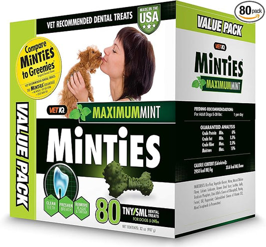 VetIQ Minties Dog Dental Bone Treats, Dental Chews for Dogs, (Perfect for Tiny / Small Dogs under 40 lbs), 80 Treats (box)