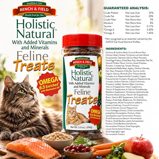 Bench & Field Holistic Natural Healthy Kitty Cat Treats | Crunchy Fish-Shaped Bites | Delicious Seafood Flavored Snack, 3-Ounce (Pack of 6 Bottles)