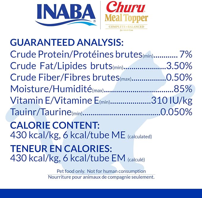 INABA Churu Meal Topper for Cats, Complete & Balanced, Creamy, Lickable Purée Cat Food Topper, 0.5 Ounce Tube, 24 Tubes (4 per Pack), Tuna Recipe