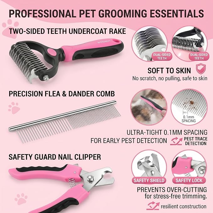 Self Cleaning Slicker Brush for Dog - 5 PCS Dog Brush Grooming Kit,Undercoat Rake Brush Comb for Small Large Dogs Cats, Dog Hair Brush Set, Grooming Deshedding at Home or Travel, Pink