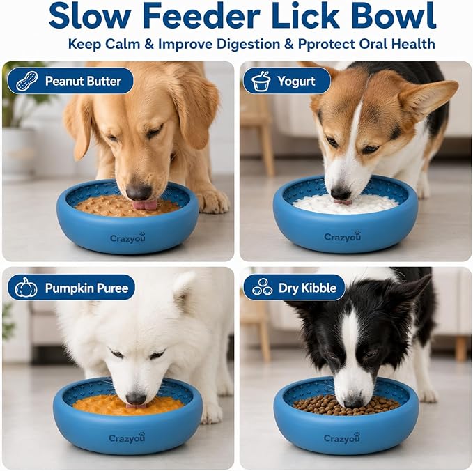 Dog Lick Bowl with Bone Chew Toy, BPA Free Silicone Lick Mat for Dogs, Slow Feeder Dog Bowl with Strong Suction, Dog Freezer Bowl for Anxiety Relief, Paw Calm, Dishwasher (Blue, L)