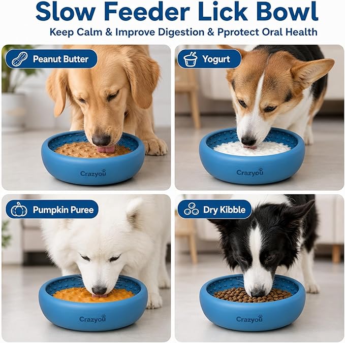 Dog Lick Bowl with Bone Chew Toy, BPA Free Silicone Slow Feeder Dog Bowl, Lick Mat for Dogs with Strong Suction, Dog Freezer Bowl for Anxiety Relief, Paw Calm, Dishwasher (Blue, S)