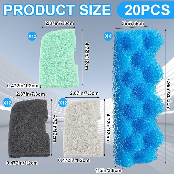 Threlaco 20 Pcs Aquarium Filters Replacement Filter Media Kits Compatible with Fluval 306/307, Including 2 Biological Foams, 6 Ammonia / 6 Phosphate / 6 Nitrite Remover