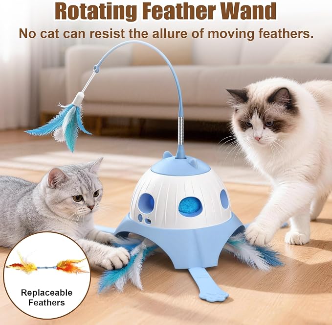Casfuy 3-in-1 Interactive Cat Toy with Plush Tail, Whack-a-Mole & Rotating Feather Wand