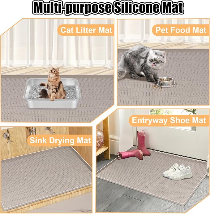 Silicone Cat Litter Mat, 47" x 35" Extra Large Litter Trapping Mat for Litter Box, Leak-Proof, Non-Slip, Kitty Litter Mats with Soft Texture for Floor, Keeping The Floor Clean (Khaki)