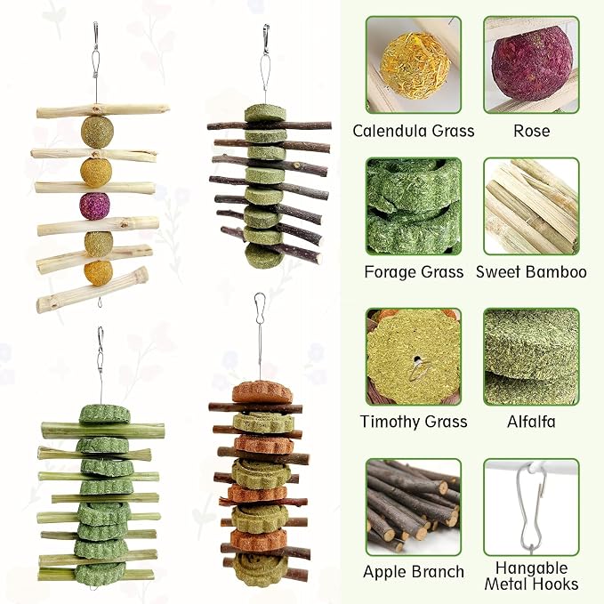 Hamiledyi 4 Pcs Rabbit Cage Mats Small Animal Plastic Feet Pads Floor Mat 4PCS Bunny Chew Toys Rabbit Toys for Teeth Grinding Natural Fruit Sticks Timothy Grass Small Animal Chew Toys and Treats